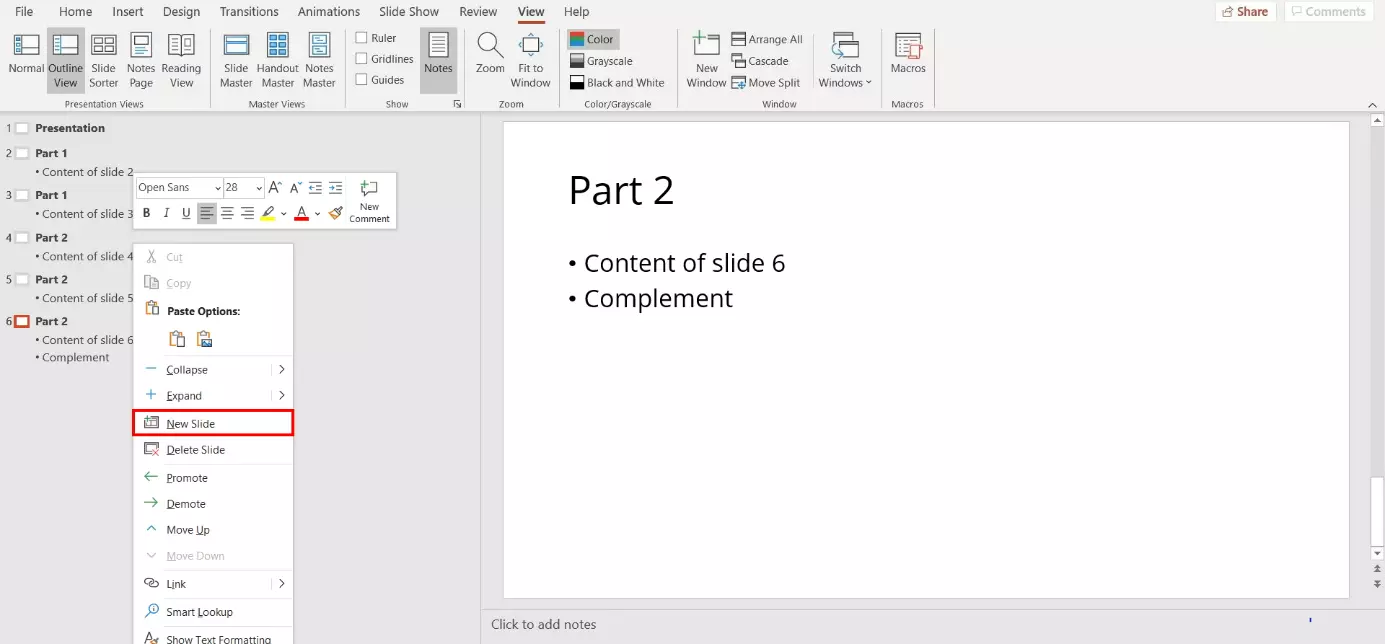 PowerPoint outline view: add a new slide