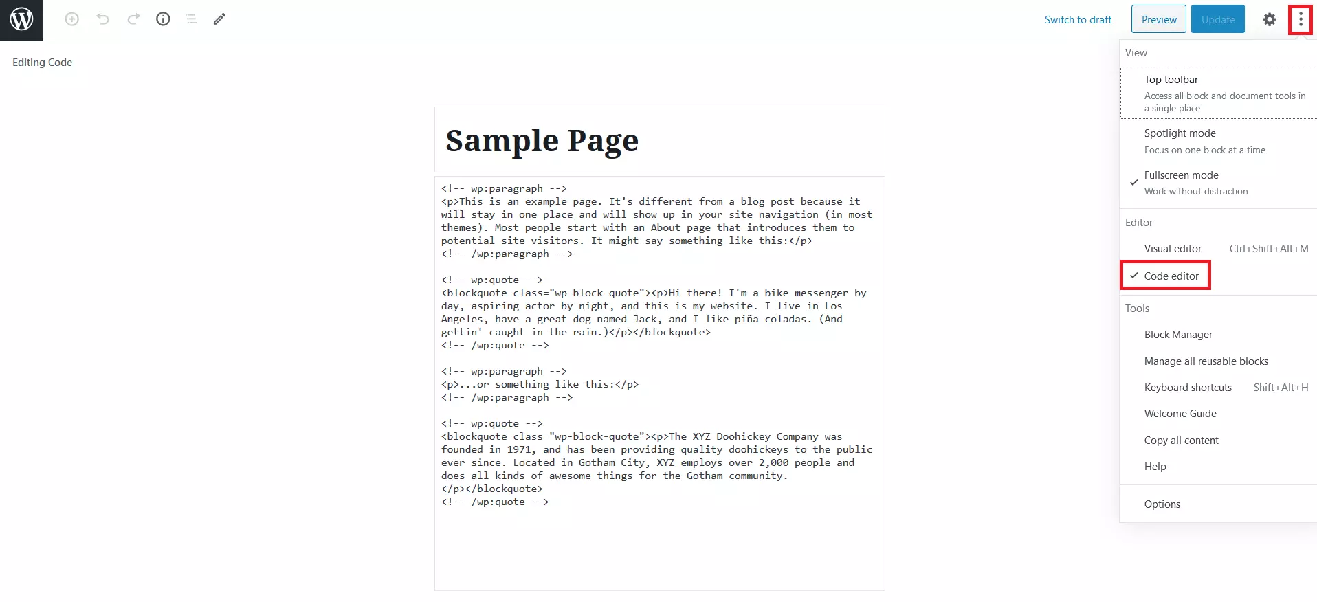 Code Editor in the WordPress backend, where you can select and copy the code of a page or post