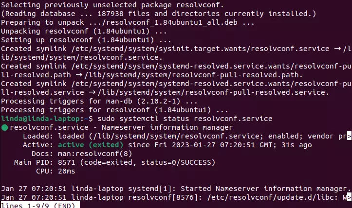 Ubuntu terminal with resolvconf status message