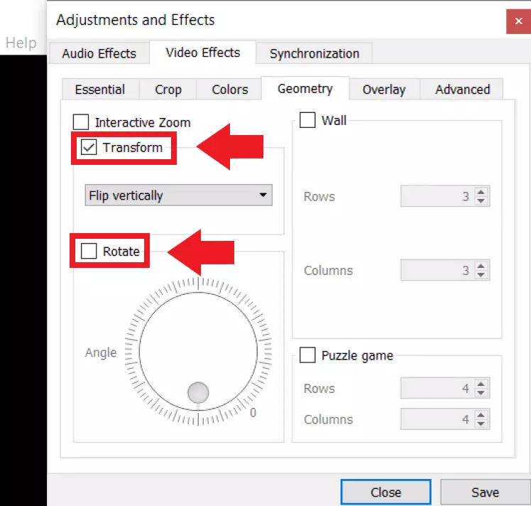 Check the “Transform” and “Rotate” boxes to adjust the video