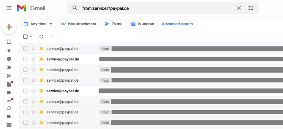 Gmail search with search operators: results