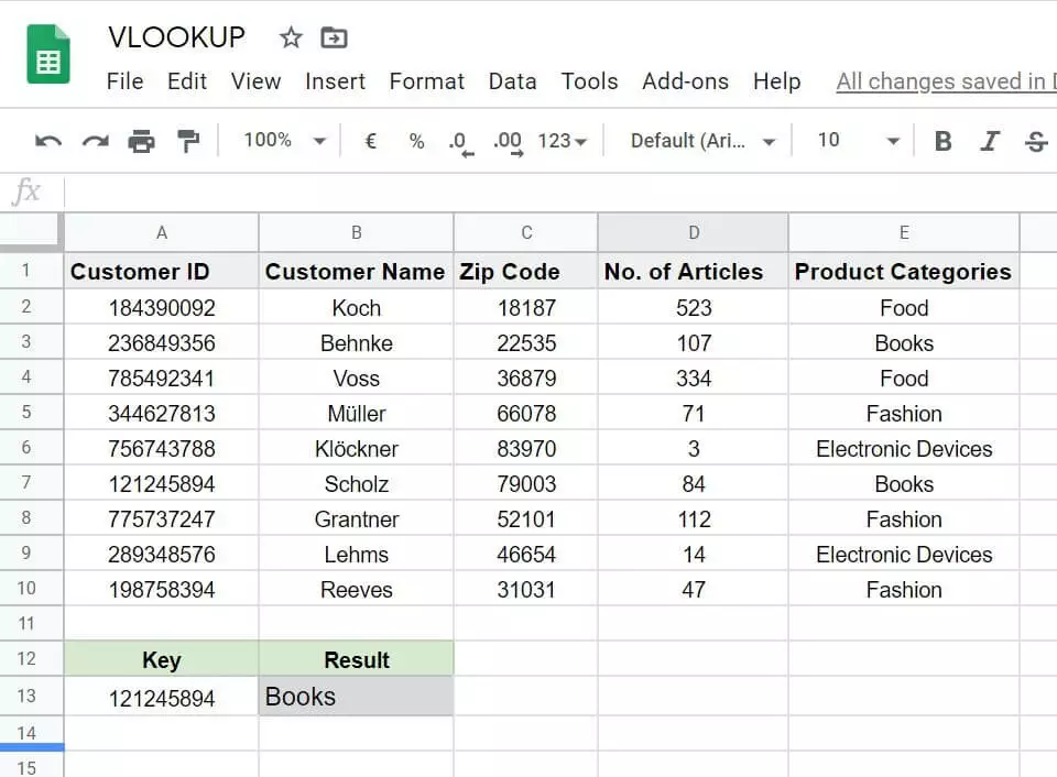 VLOOKUP result in Google Sheets