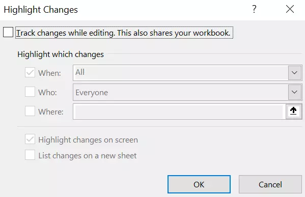 Excel dialog box for highlighting changes