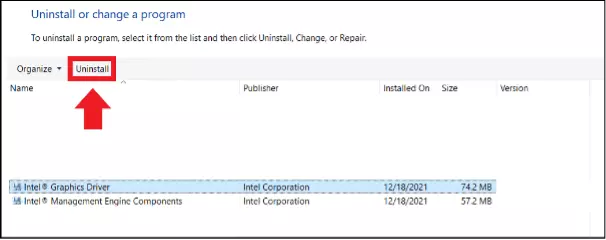 The list of the programs in the Windows Control Panel