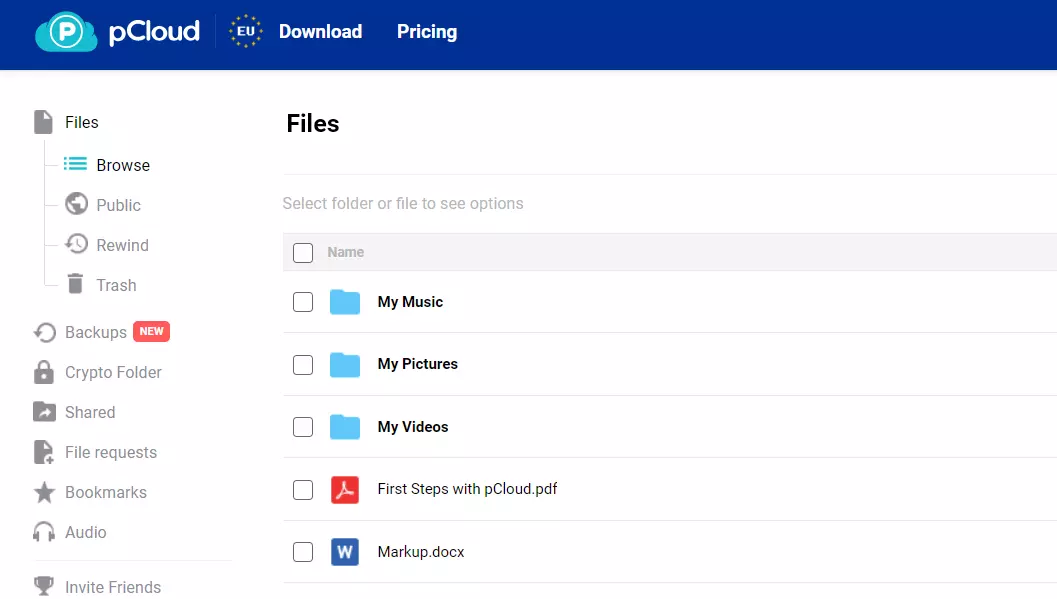 pCloud: File overview in the web app