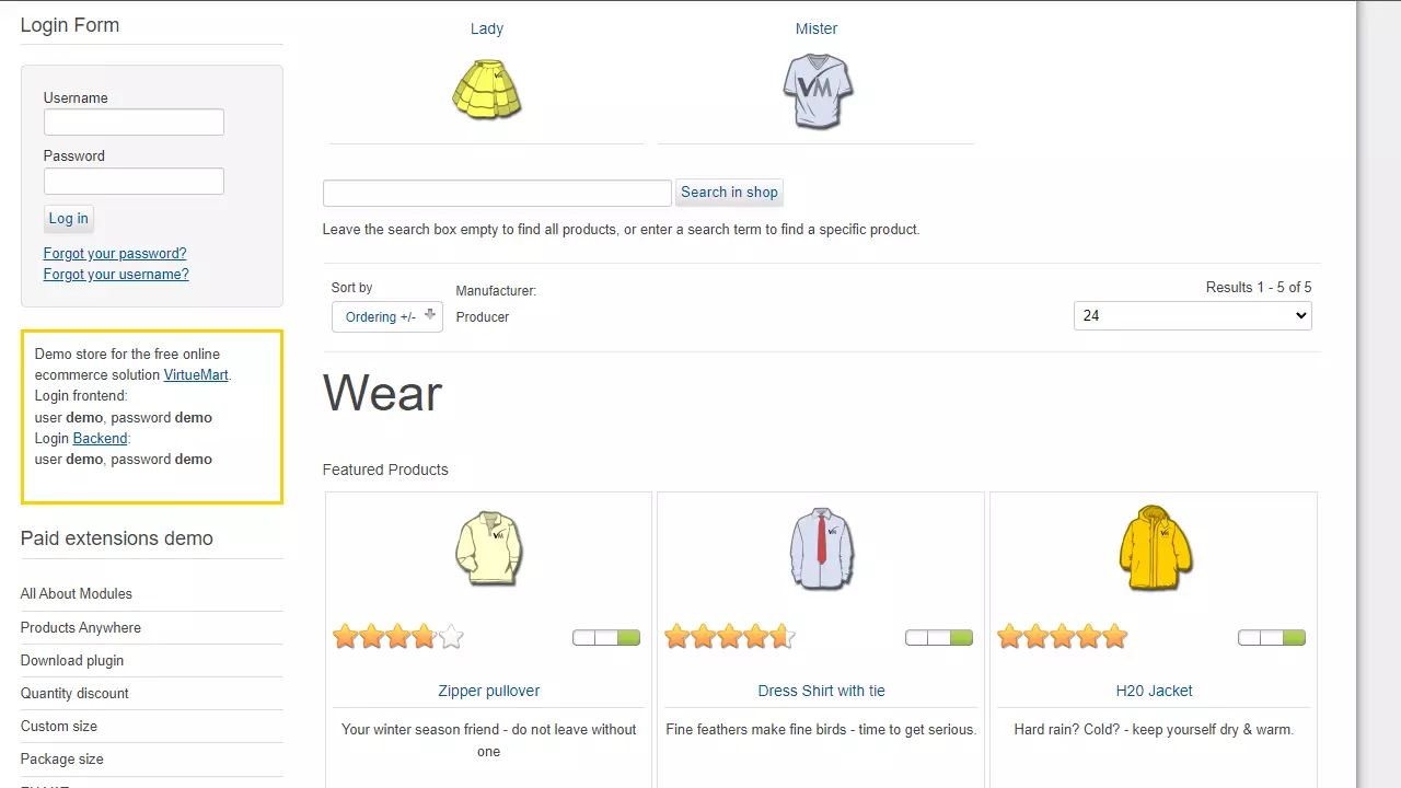 Example of shop view of an online store on VirtueMart