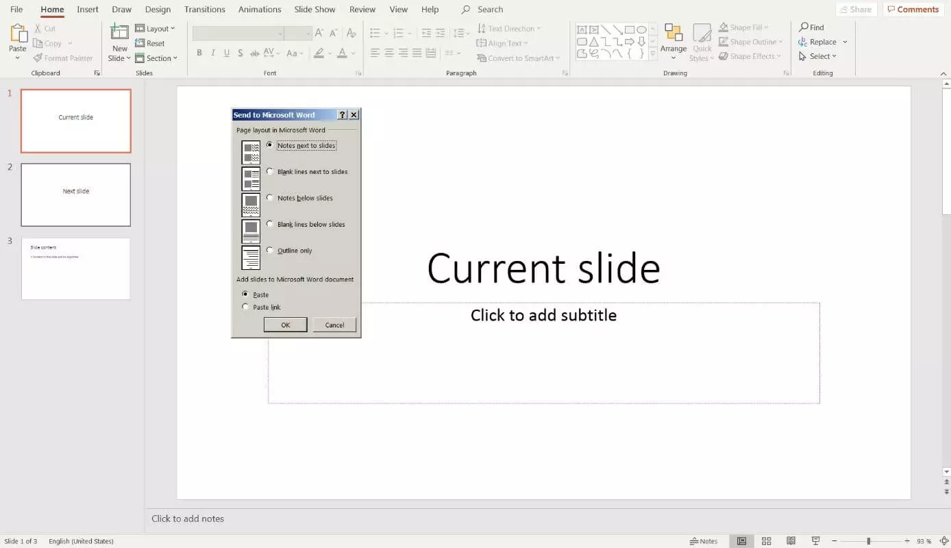 Menu window “Send to Microsoft Word”