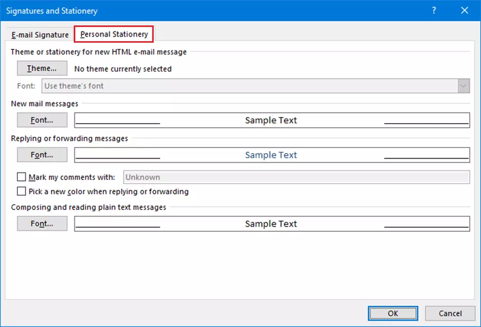 Outlook menu: Signatures and Stationery