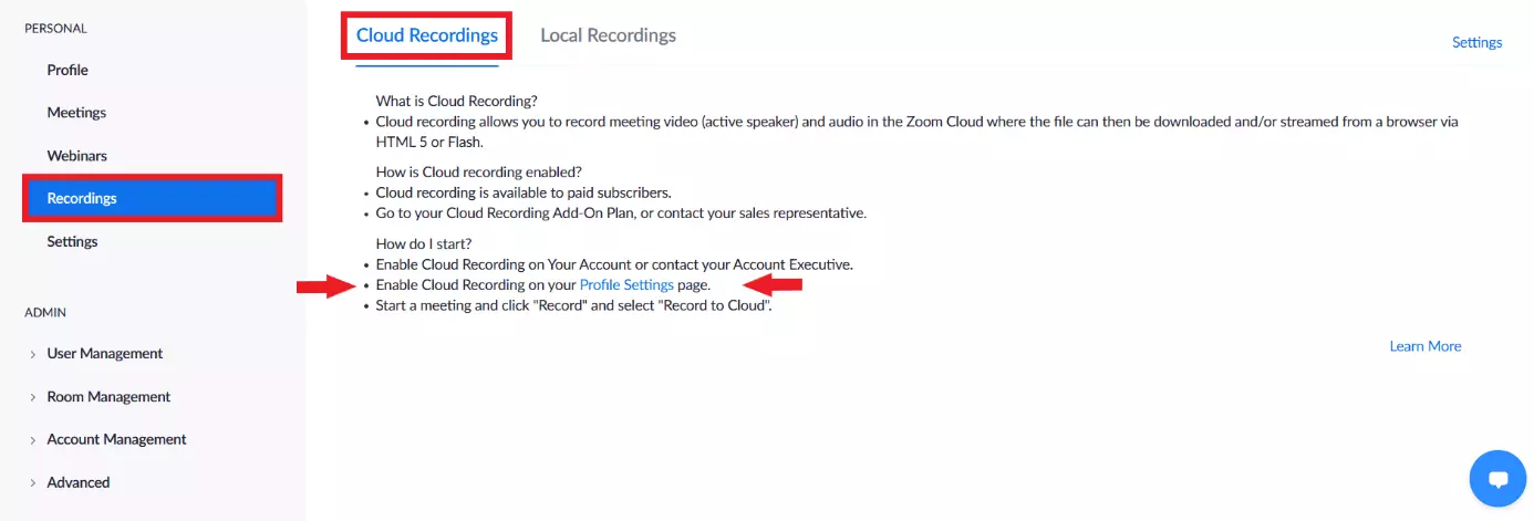 “Recordings” option in the Zoom menu with the tab “Cloud Recordings”