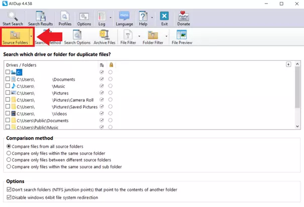 Under “Source Folder”, select which folders AllDup should search for duplicate files