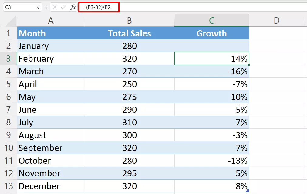 Calculating percentage growth between two rows in Excel