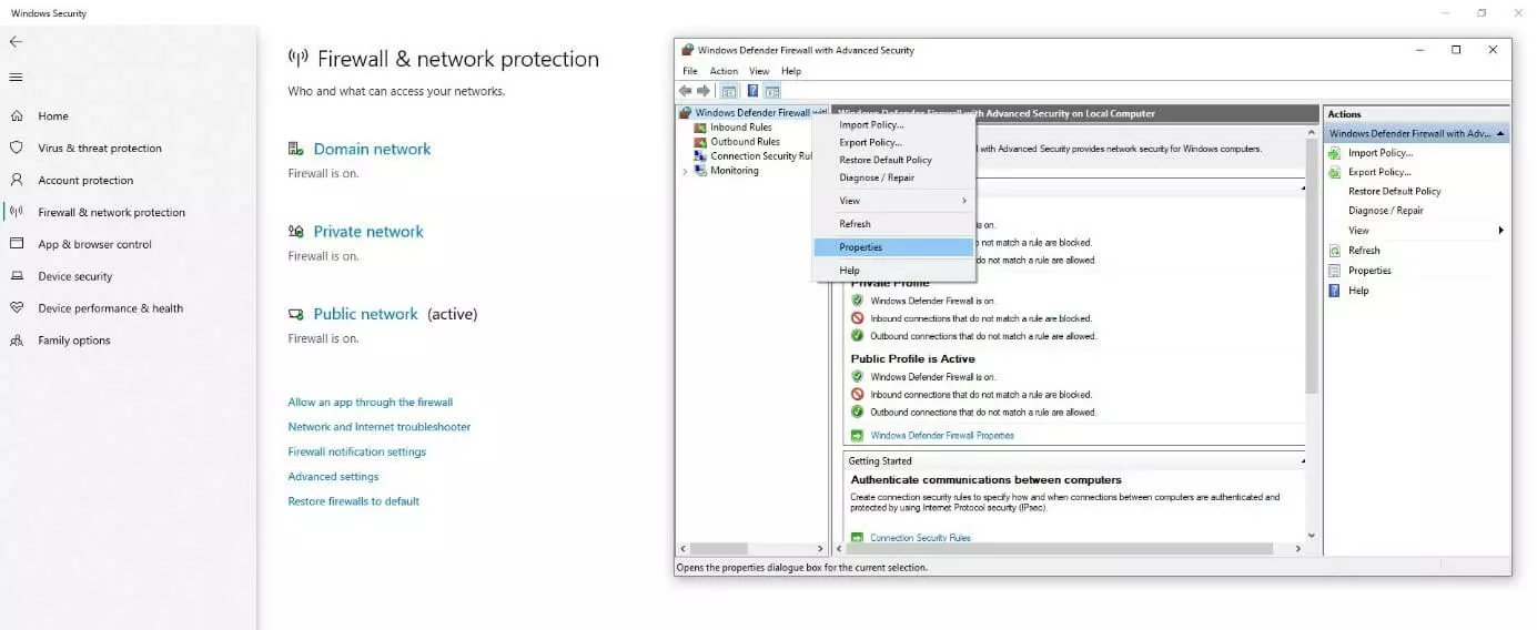 Firewall properties in Windows