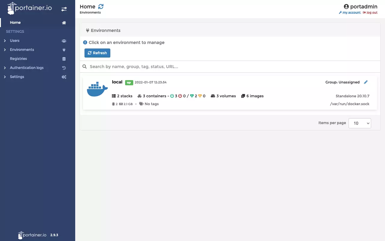 Home screen of the Portainer web interface