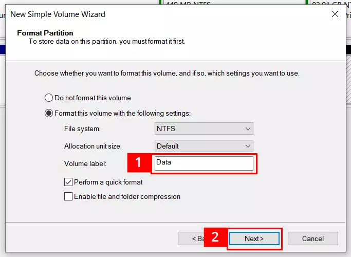 Volume wizard - Format Partition box