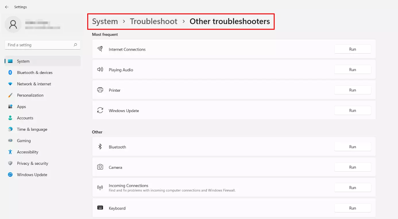 Windows 11: Menu “Other troubleshooters”