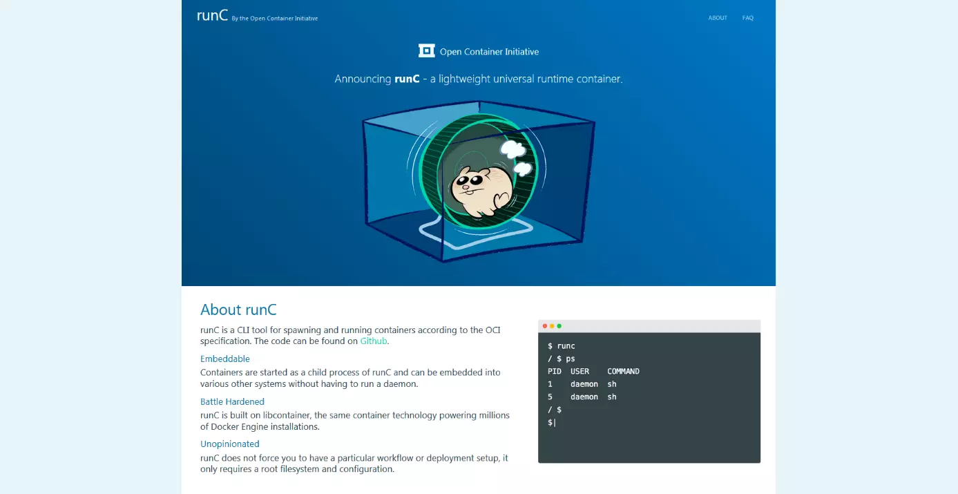 Homepage of the OCI project, runC