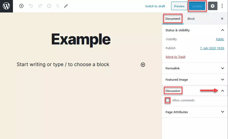 Right-hand sidebar in the Gutenberg editor, showing the “Discussion” section of the “Document” tab