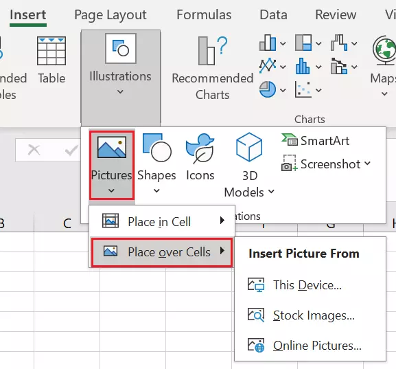 Excel menu: Place the picture over cells