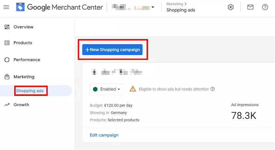 Shopping campaigns overview with option to create new campaigns