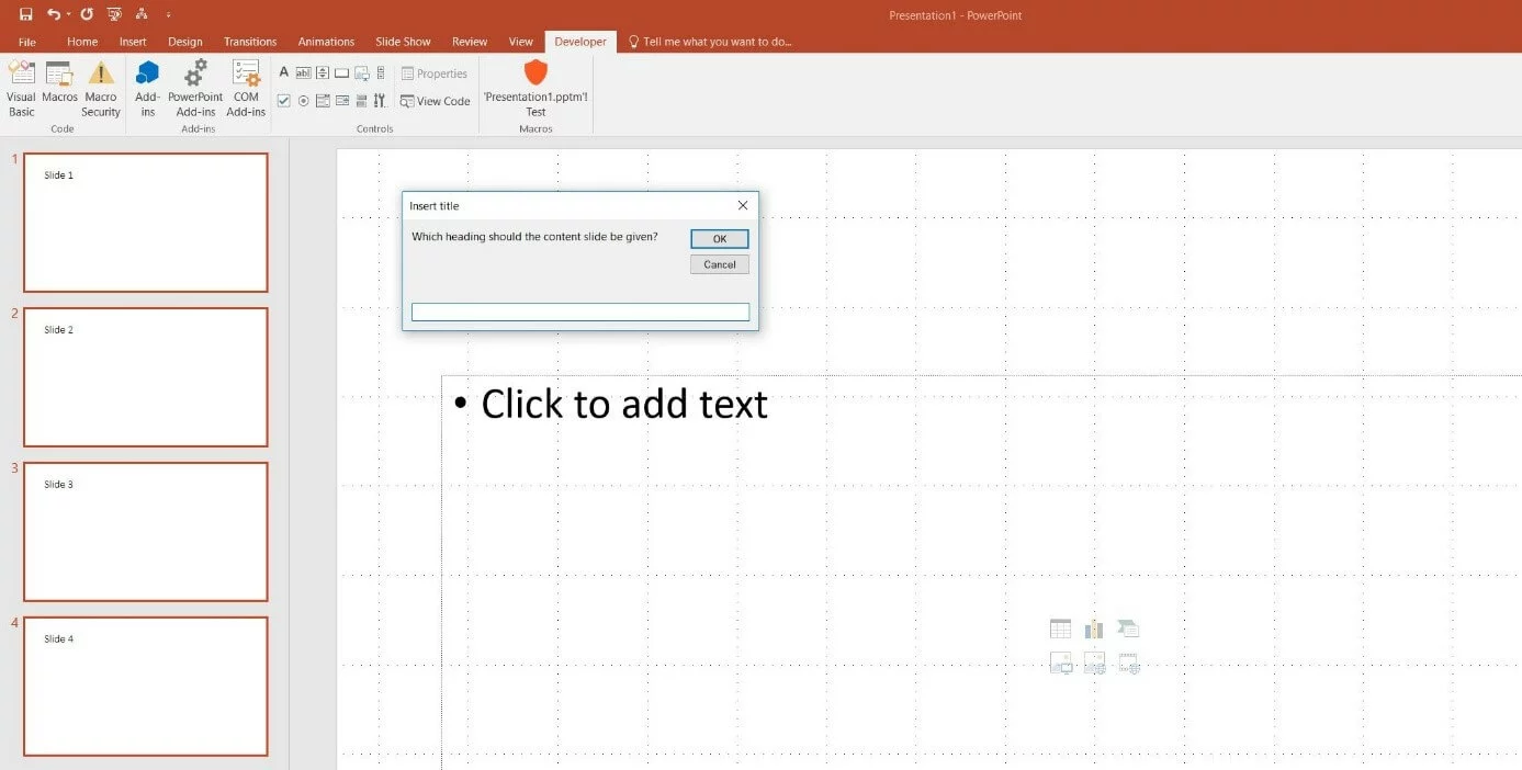 PowerPoint 2016: Macro dialog box “Enter title”