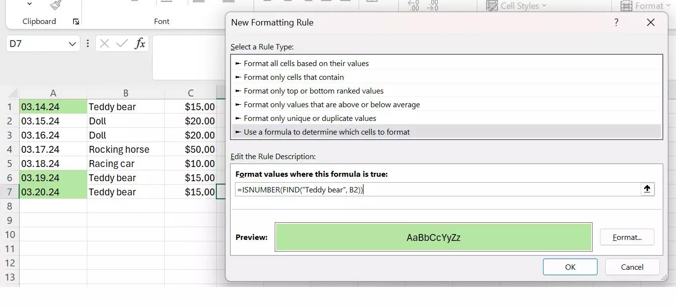 Combination of Excel FIND and ISNUMBER