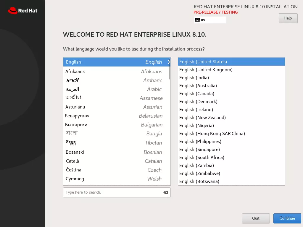 Red Hat installation: Language selectionl