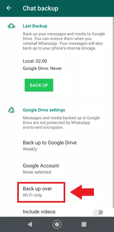 WhatsApp chat backup menu “Back up over” (network selection)