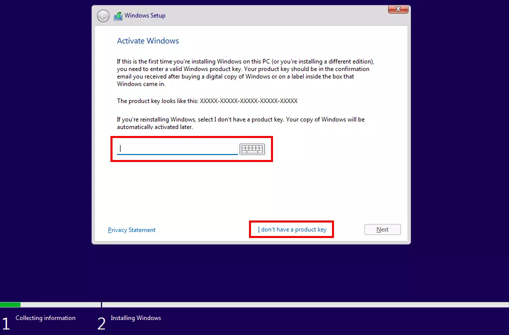 Windows 11 upgrade: product key step