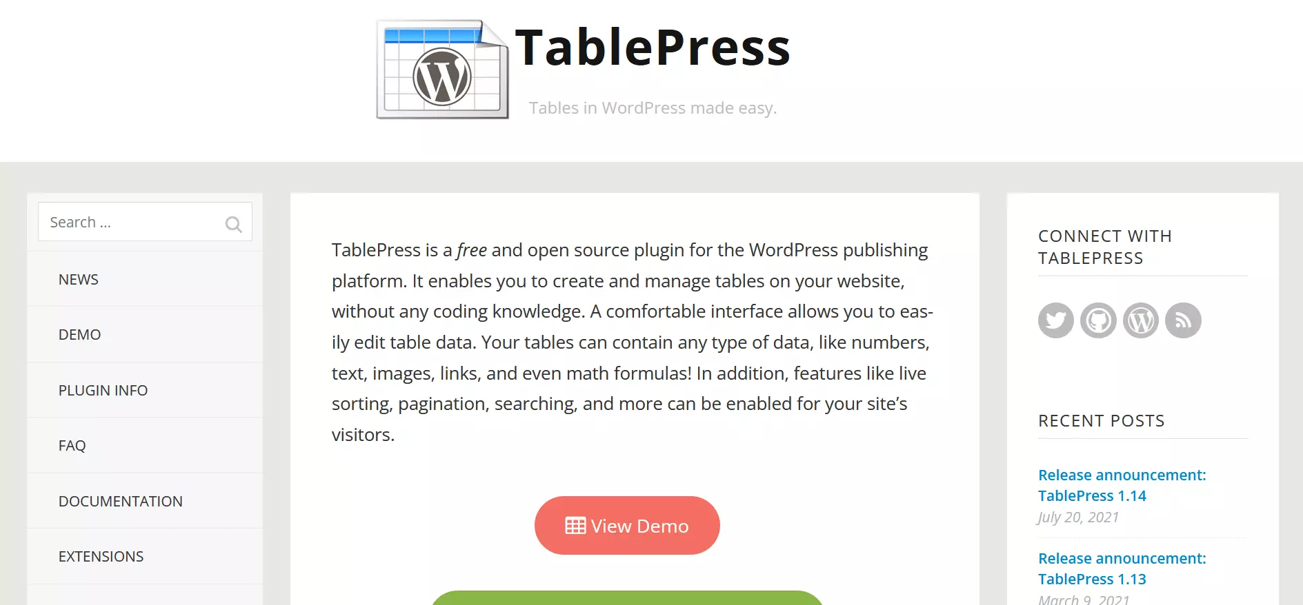 Homepage of WordPress plugin TablePress