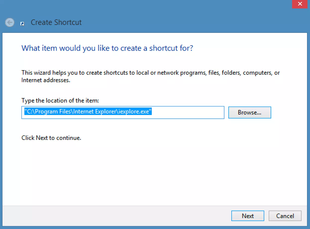 Screenshot of selection options for “Browse” step in “Create shortcut” wizard