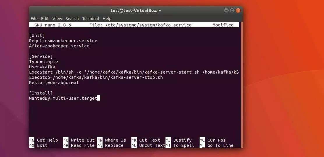 Ubuntu terminal: kafka.service file in the nano text editor