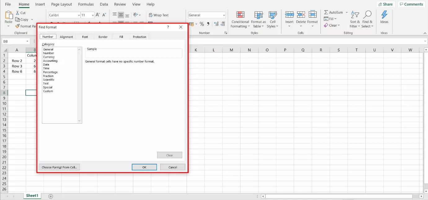 Dialog window to search for specified formatting in Excel