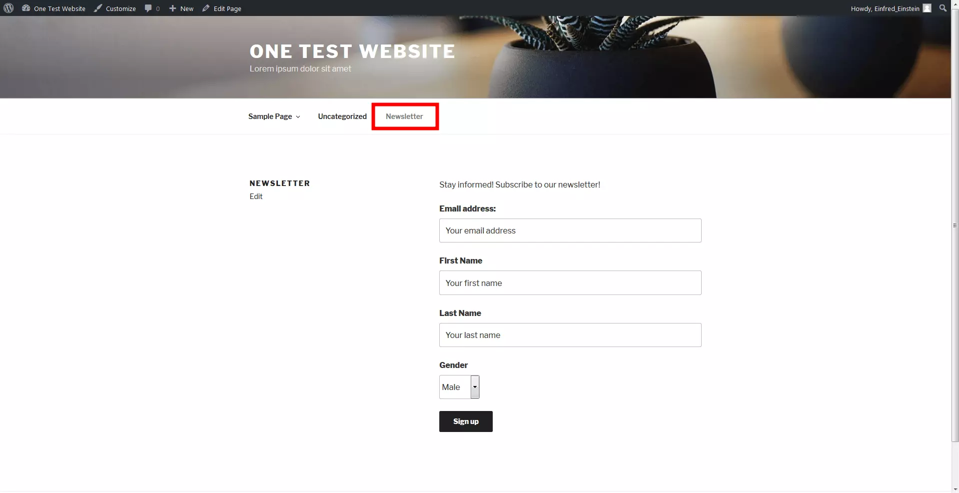 Registration form – built into the subpage