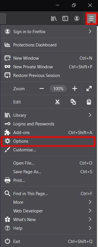 Firefox menu: settings