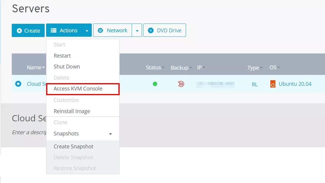 IONOS Cloud Panel: Start KVM console