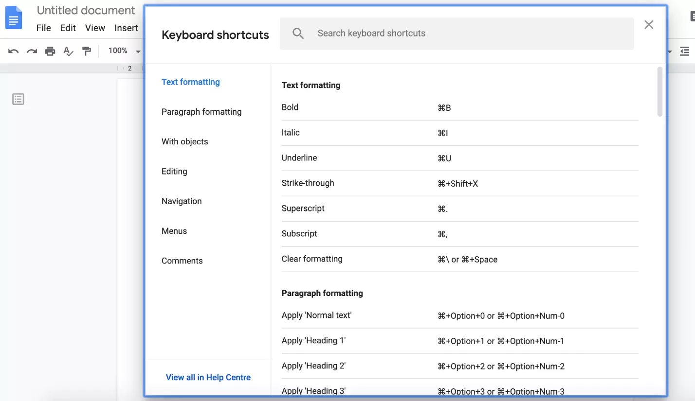 Keyboard shortcuts in Google Docs