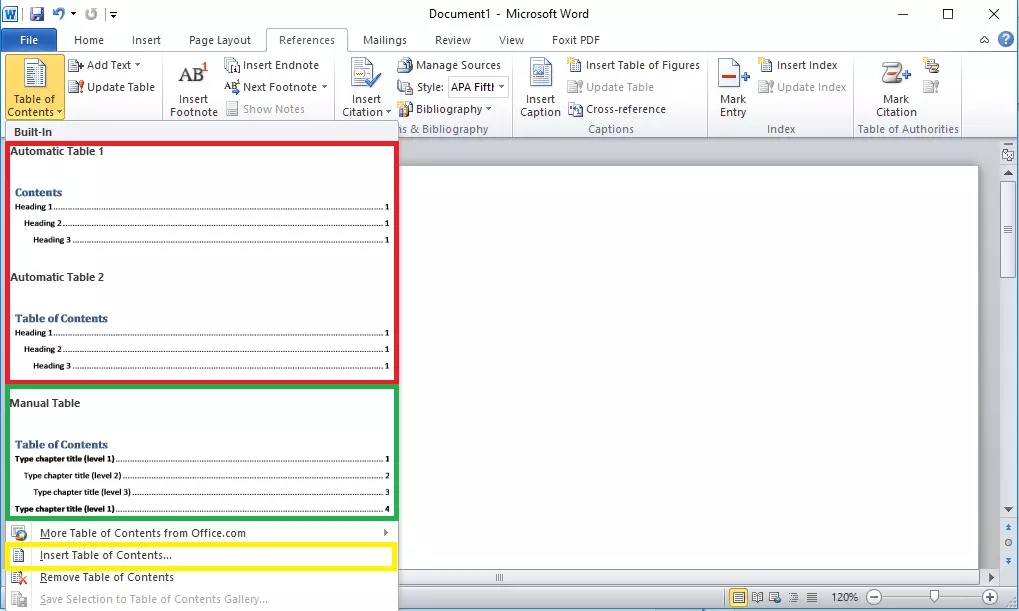 Microsoft Word 2010: Format examples for table of contents templates