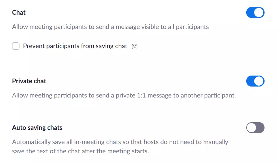 Chat options in the Zoom settings on the website