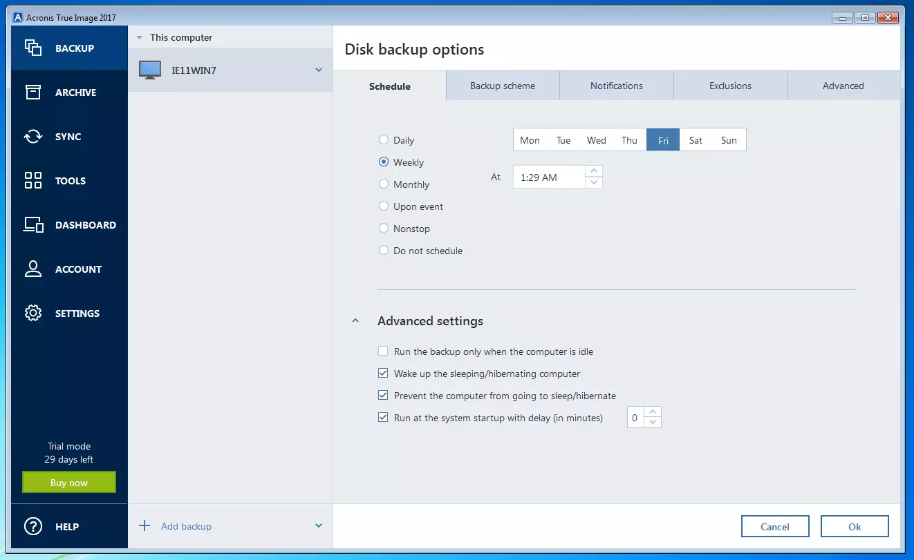 Acronis True Image 2017: Disk backup selection menu