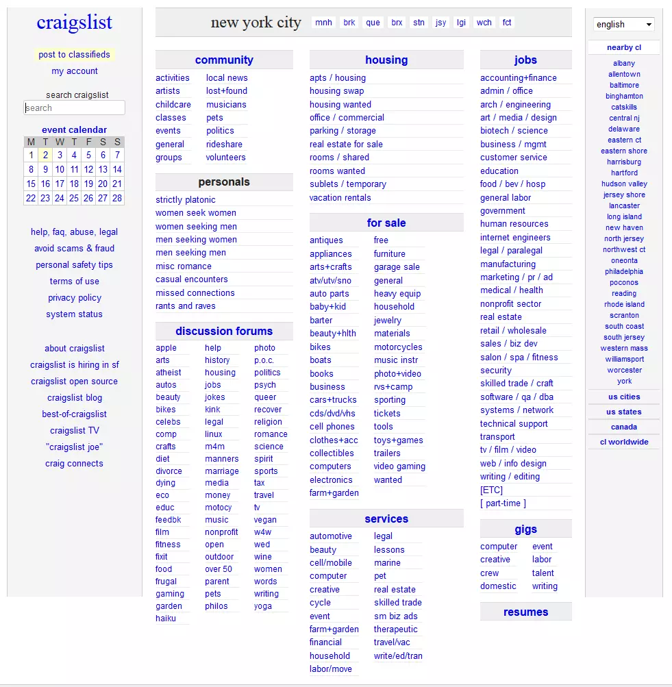 Website of the classifieds website Craigslist