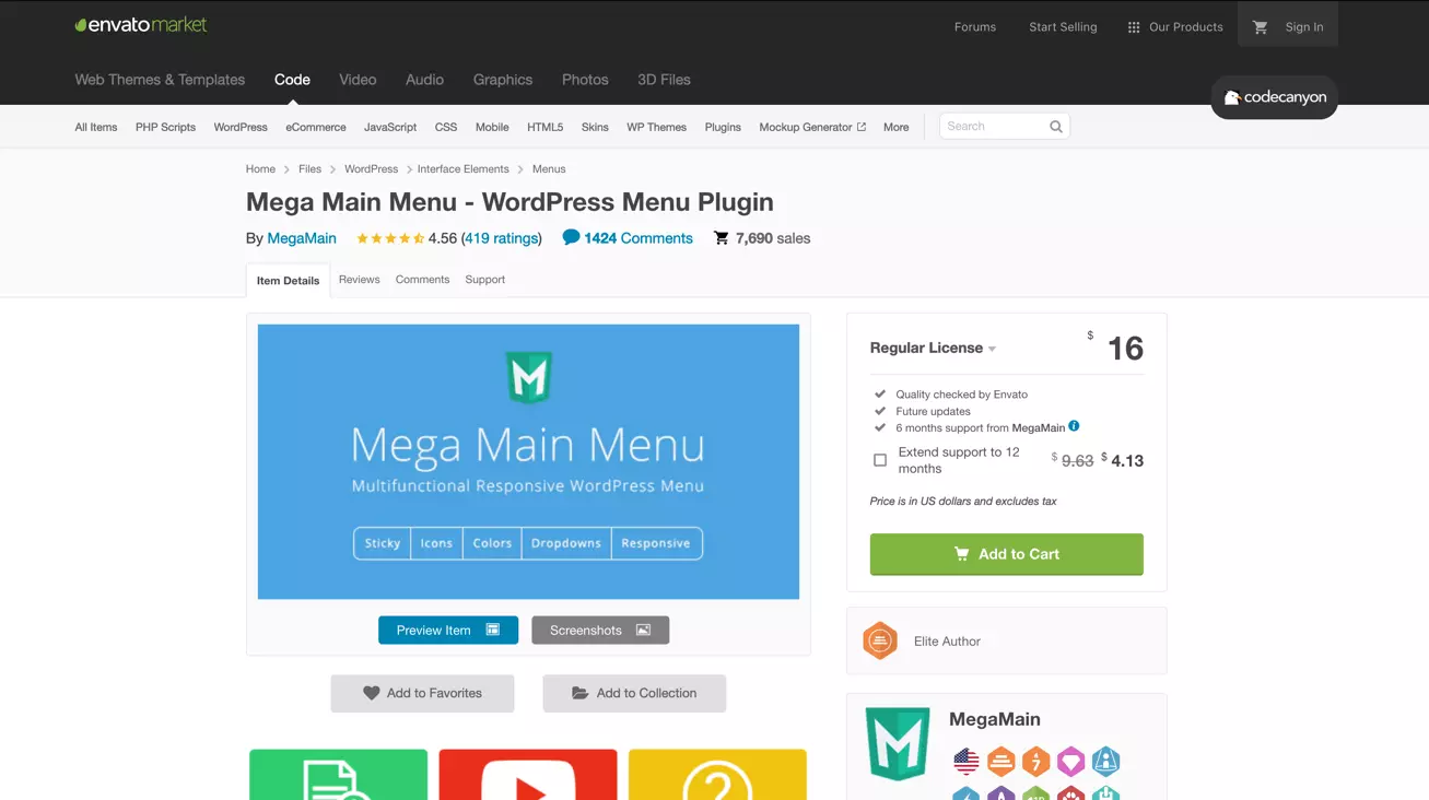 Mega Main Menu on the CodeCanyon website