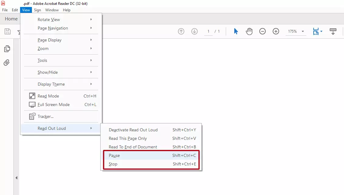 Adobe Acrobat Reader: Options to “Pause” and “Stop” via “View” > “Read Out Loud”