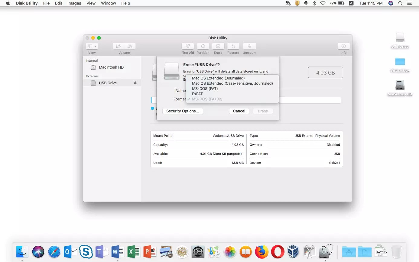 Disk Utility (macOS): Selecting the USB file system