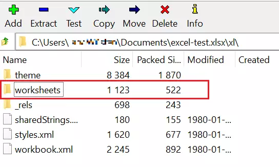 Screenshot of Excel file, “xl” directory, unzipped with 7-Zip