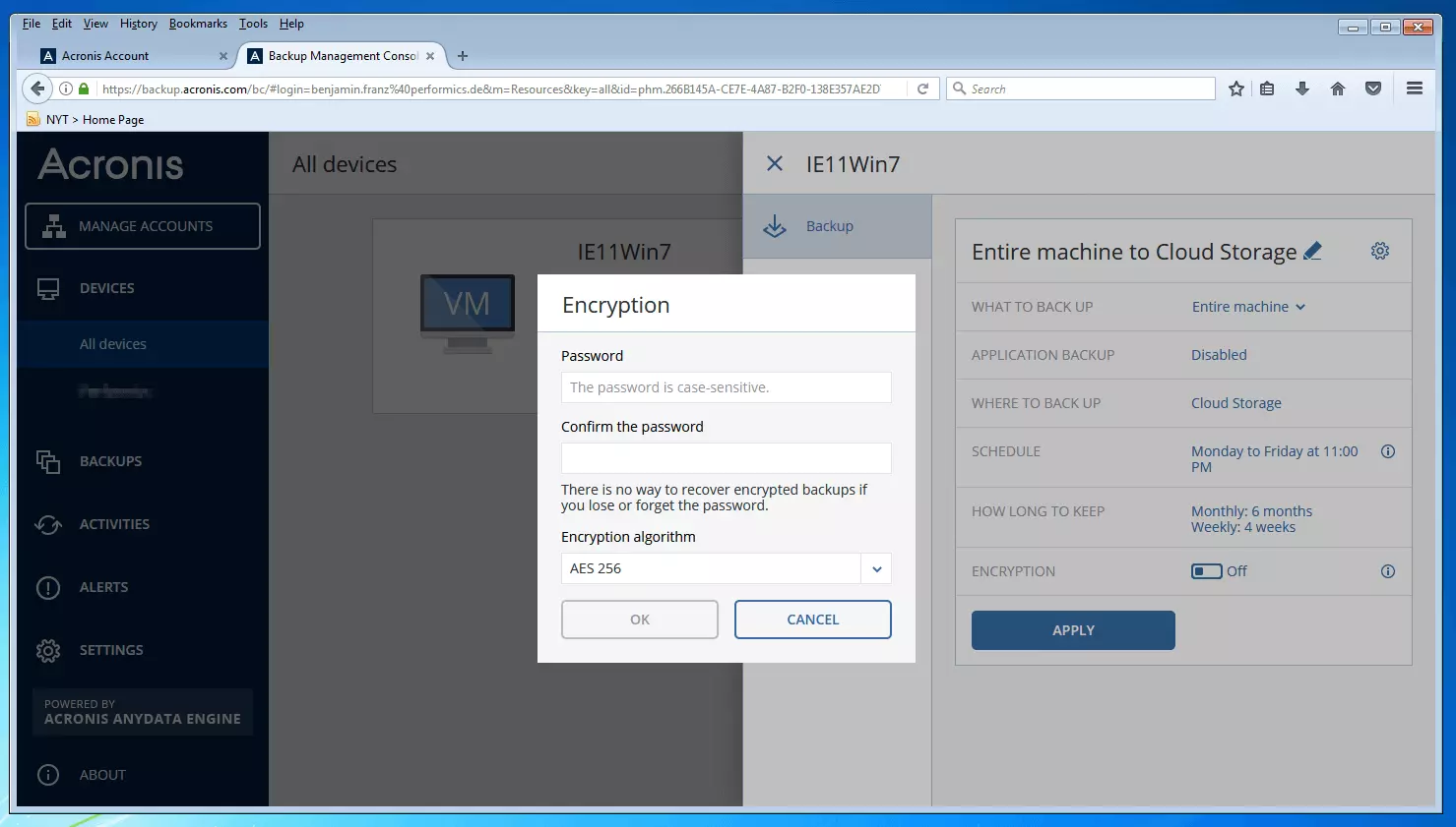 The backup management console of Acronis Backup 12.5: dialog window prompting entry of a password for backup encryption