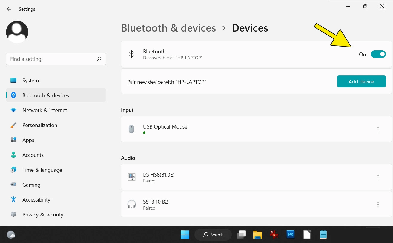 Bluetooth switch “On” in the system settings for Bluetooth devices