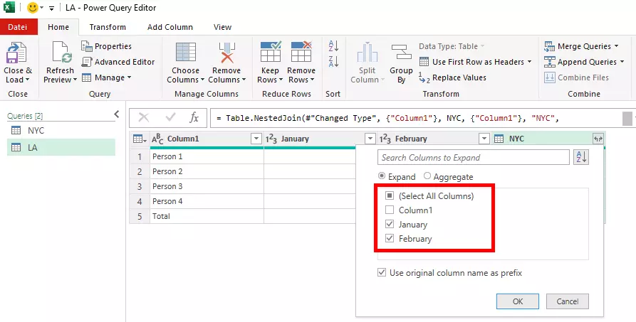 Remove the check mark for the corresponding columns