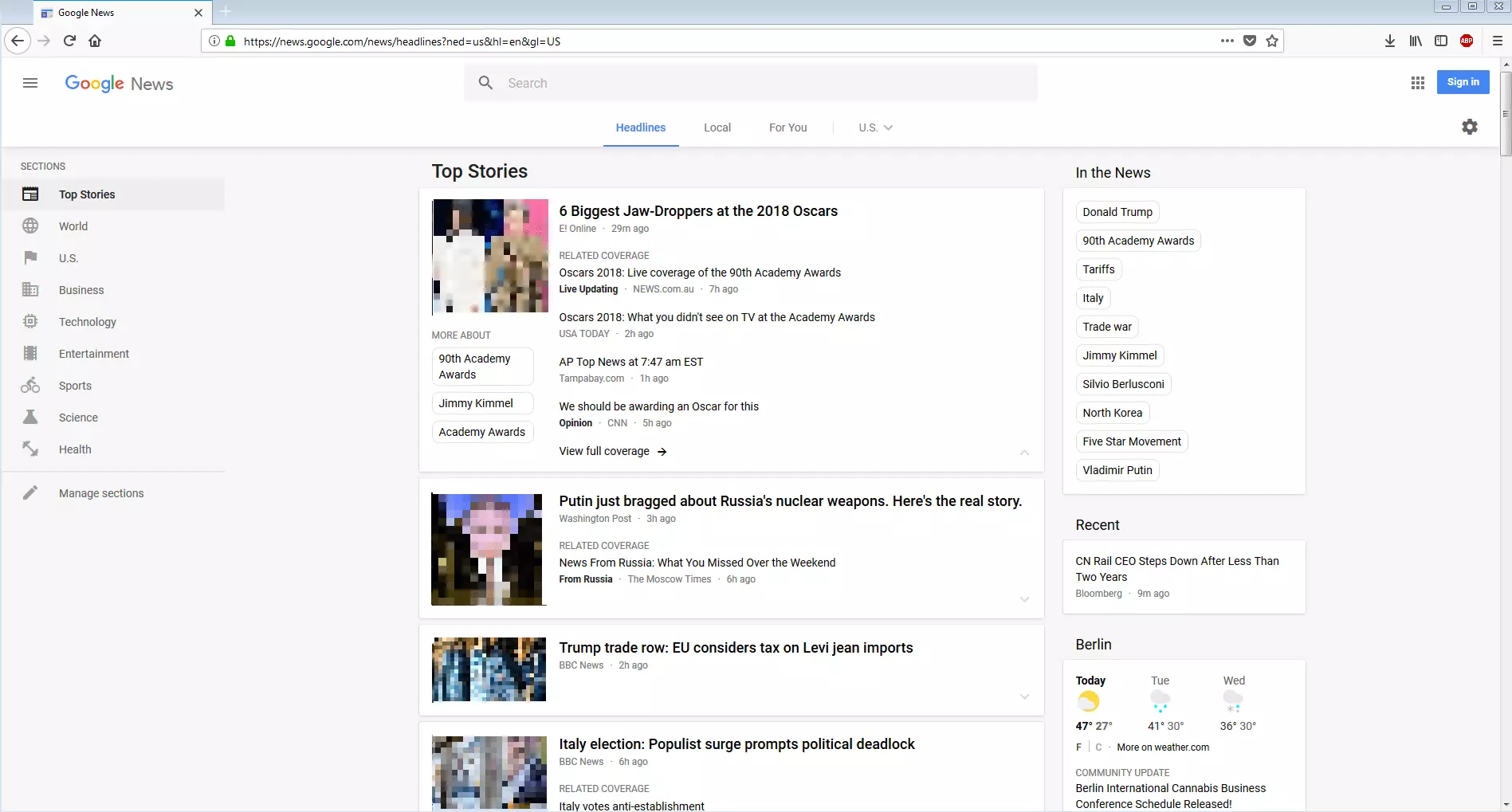 The Google News website