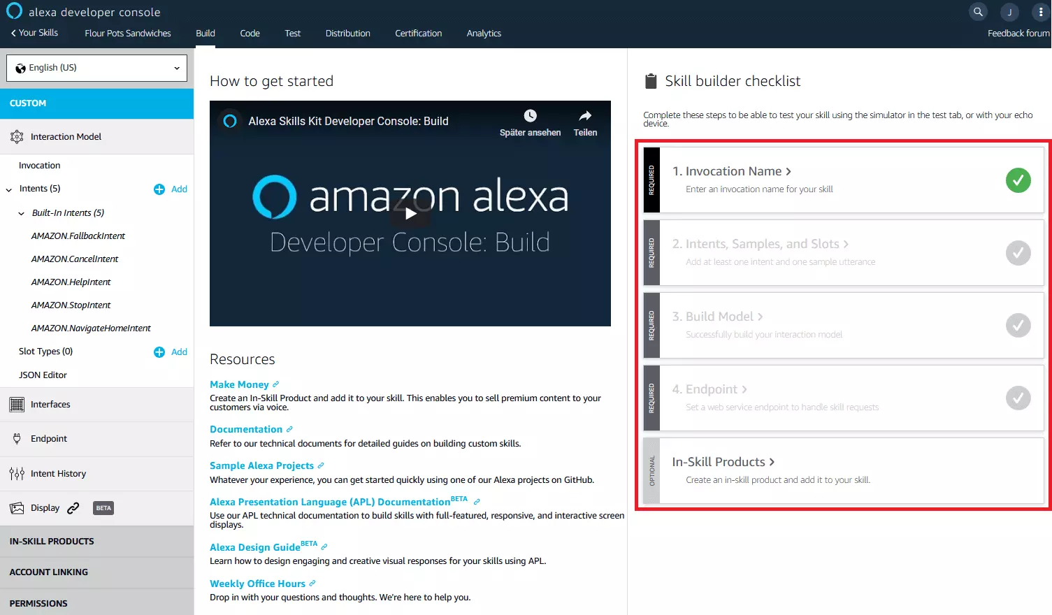 Alexa Developer Console: overview page in the build area.