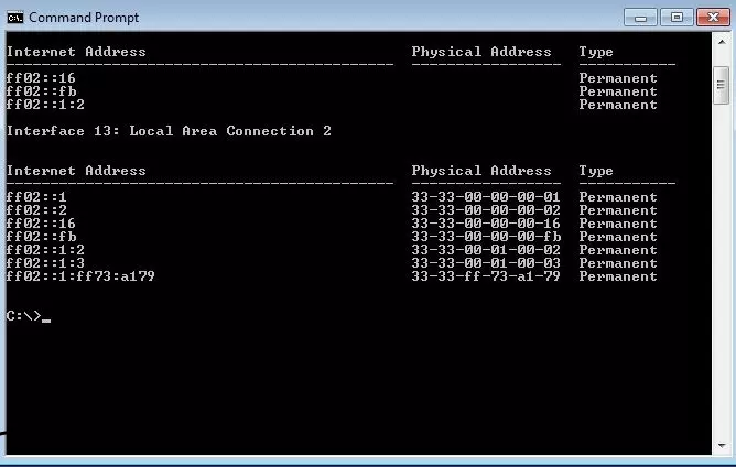 Neighbor-Cache for a LAN connection with Windows 7